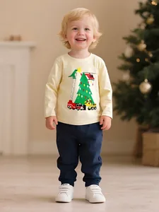 Boys Cotton Long Sleeve T-Shirt Cute Cartoon Dinosaur Christmas Tree Print Autumn Round Neck Casual Kids Festive Top