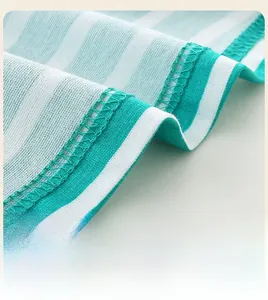 Détail d'une robe en tricot rayée vert menthe et blanc montrant la double couture précise