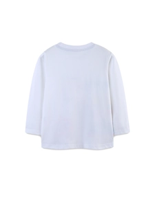 Back view of a plain white long sleeve cotton T-shirt with a ribbed crew neck and neat stitching