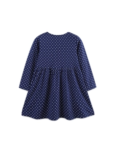 Dark blue long sleeve polka dot dress for girls with pleated waist design