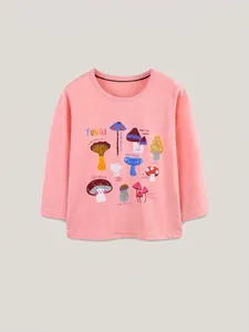 T-shirt rose à manches longues pour filles avec imprimés champignons et col rond doux