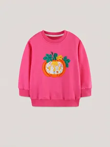 Pink girls long sleeve sweatshirt with festive pumpkin and bunny embroidery patterns