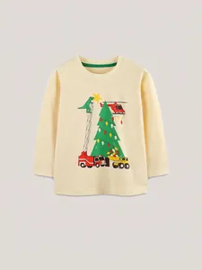 Kids long sleeve Christmas T-shirt featuring cartoon dinosaur and construction vehicle print