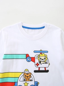 Kids long sleeve white cotton T-shirt with colorful lion and tiger cartoon print