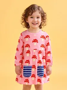 Robe Manches Longues Fille Rose Imprimé Champignon Mignonne Poche Rayée Princesse Ligne A Coton Automne Enfants