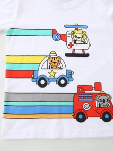 Boys long sleeve white T-shirt with colorful cartoon animals and striped pattern