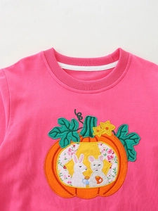 Pink cotton sweatshirt for girls featuring intricate Halloween pumpkin and rabbit embroidery