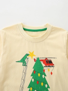 T-shirt à manches longues pour enfant jaune crème avec motif dinosaure et sapin de Noël