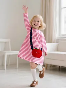 Robe à Rayures à Manches Longues pour Filles 100% Coton Robe de Princesse Avec Applique Pomme Col Rond Vêtements d'Automne