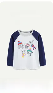 Detail of raglan sleeves and cartoon dog print on a pure cotton boys long sleeve t-shirt