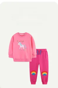 Détail du survêtement en coton rose pour fille avec licorne brodée et finitions côtelées