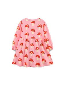 Robe rose à manches longues pour filles avec imprimé champignon et taille haute