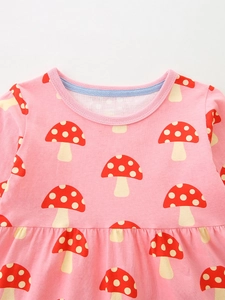 Robe rose à manches longues pour filles avec imprimé champignon et taille plissée