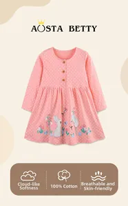 Détail de la robe rose en coton pour fille avec pois blancs et broderies fines