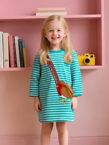 Robe à Rayures Manches Longues Fille En Tricot De Coton Décontractée Avec Applique Oiseau 3D Et Bandoulière Brodée