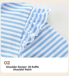 Détail des volants à rayures bleues et blanches sur l'épaule de la robe de princesse