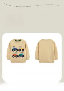 Front and back views of kids' beige sweatshirt with colorful tractor embroidery