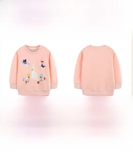 Detailed front and back view of girls pink sweatshirt featuring rabbit floral embroidery