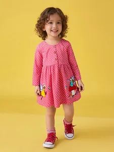 Robe en Coton à Manches Longues pour Filles Rose à Pois Robe de Princesse Avec Broderie Fée pour Enfants Automne