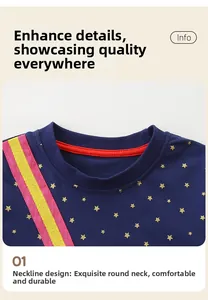 Detail of navy cotton dress featuring ribbed neckline and golden star pattern print