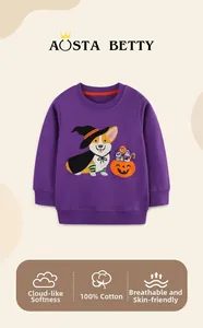 Detail of 100% cotton kids sweatshirt with Halloween corgi embroidery and purple fabric