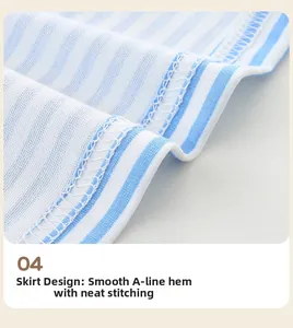 Détail de robe rayée bleu et blanc pour fille montrant un ourlet trapèze lisse et des coutures