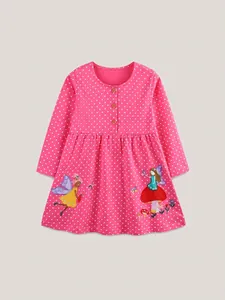 Robe princesse manches longues rose à pois avec broderie florale pour filles