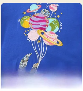 Détail de la broderie thème espace avec écussons de planètes sur sweat enfant bleu