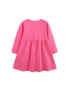 Robe rose à manches longues pour filles avec pois blancs et design plissé à taille haute