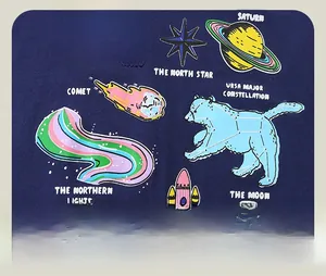 Detailed close-up of cosmic astronomical prints and colorful planets on navy blue kids' tee