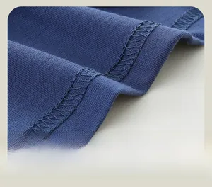 Detailed close-up of dark blue sweatshirt hem with durable double-needle stitching