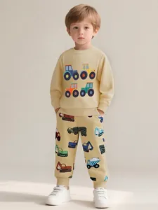 Boys Casual Cotton Cartoon Tractor Embroidered Sweatshirt Long Sleeve Pullover Crew Neck Sports Top For Kids Autumn