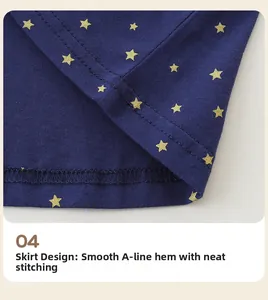 Detailed macro view of navy blue hem with golden star prints and precise double stitching