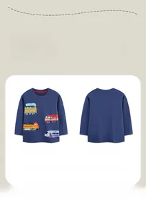 Front and back view of navy blue cotton kids long sleeve T-shirt with cartoon train print