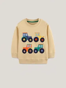 Kids long-sleeved khaki sweatshirt with colorful embroidered cartoon tractor patterns
