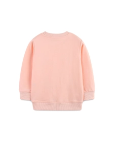 Pink crewneck sweatshirt for girls featuring rabbit embroidery and ribbed cotton cuffs