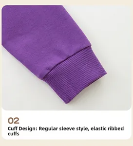 Detail of purple cotton sweatshirt showing the elastic ribbed cuff design for girls