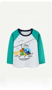 Detail of raglan sleeves and helicopter graphic on cotton boy's long sleeve t-shirt
