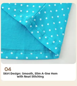 Detail eines blau gepunkteten Strickkleides mit feinen Nähten und A-Linien-Saumqualität