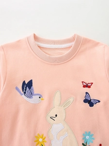 Pink girl's cotton sweatshirt with cute rabbit and flower embroidery on front