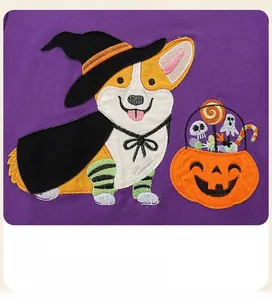 Detail of Halloween corgi embroidery with wizard hat on purple knit sweatshirt fabric