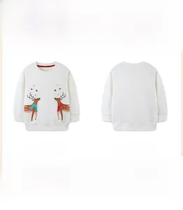 Vue avant et arrière du sweat-shirt en coton beige pour fille avec broderie renne
