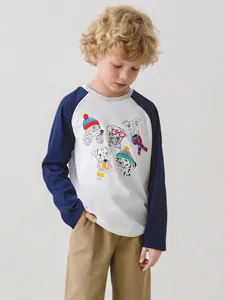 Boys 100% Cotton Long Sleeve T-Shirt Casual Raglan Contrast Color Cartoon Dog Print Round Neck Autumn Pullover Top For Kids