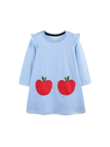 Robe princesse rayée bleue pour fille avec poches pomme rouge et manches à volants