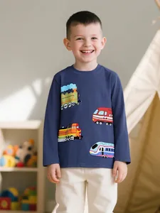 Boys Long Sleeve T-Shirt Cartoon Train Pattern Printed Cotton Crew Neck Pullover Casual Sports Sweatshirt For Kids