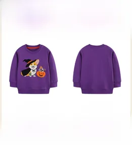 Front and back view of girls purple sweatshirt with Halloween corgi embroidery detail