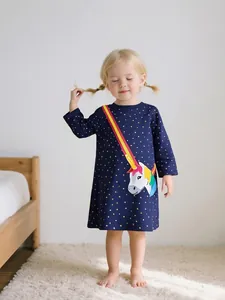 Girls Long Sleeve Cotton Dress Navy Blue Star Print Unicorn Applique Sweet Princess A-Line Autumn Dress For Kids
