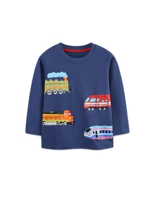 Navy blue long sleeve toddler T-shirt with colorful cartoon train prints on white background