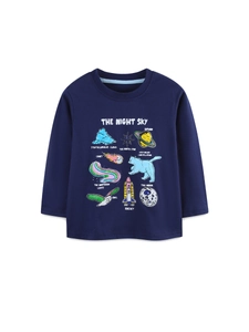 Boy's navy long sleeve T-shirt with cartoon night sky and space science print