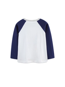 Boys' long-sleeve raglan T-shirt with navy blue sleeves and heather gray neckline